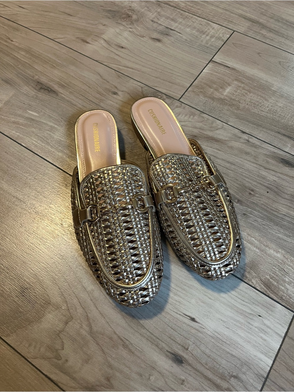 CUSHIONAIRE Metallic Gold Woven Loafer Mules Horsebit Buckle Slides Size 11